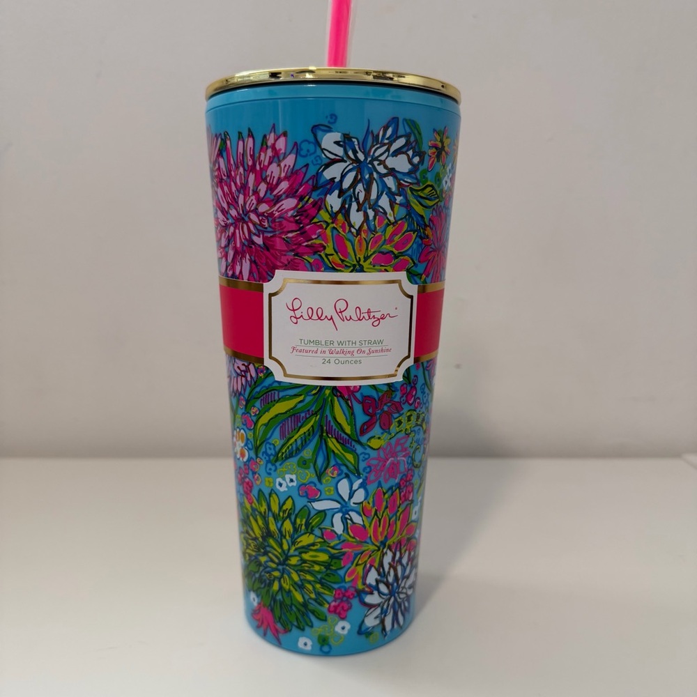 NWT: Lily Pulitzer - Walking on Sunshine, Double Wall Tumbler with Lid & Straw